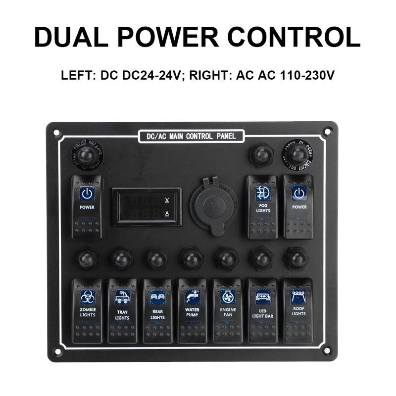 6/10 Gang 15A LED Toggle Rocker Switch Panel Outlet Combination Dual Power Control Overload Protection Car Auto Marine RV Ship