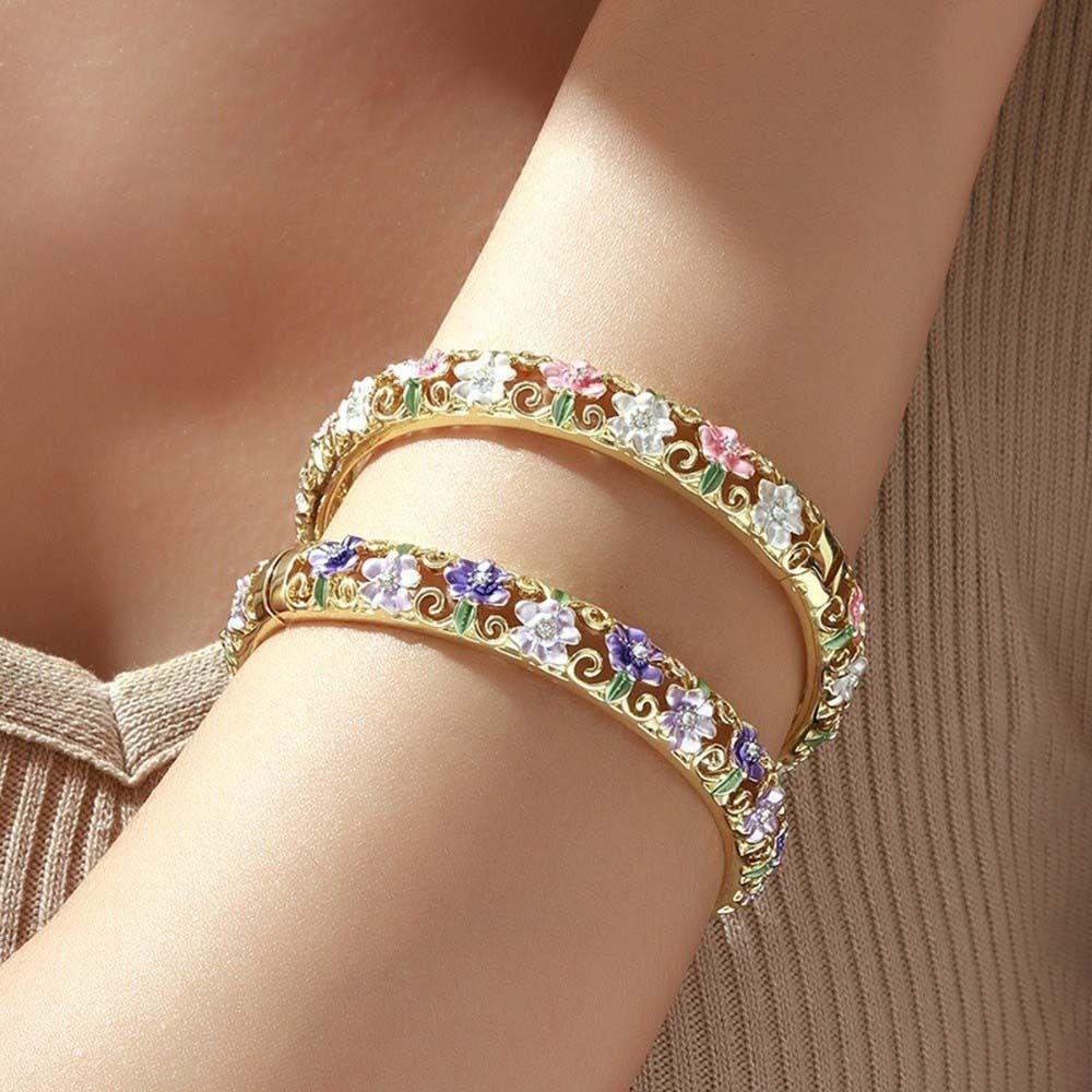 Enamel Flower Crystal Bangle Hollow Women's Hand Bracelet Vintage Cloisonne Bangle Jewelry Gifts
