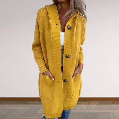Women Knitted Cardigan Hooded Long Sleeve Single Breasted Sweater Coat with Pockets Solid Color Mid-length Knitwear