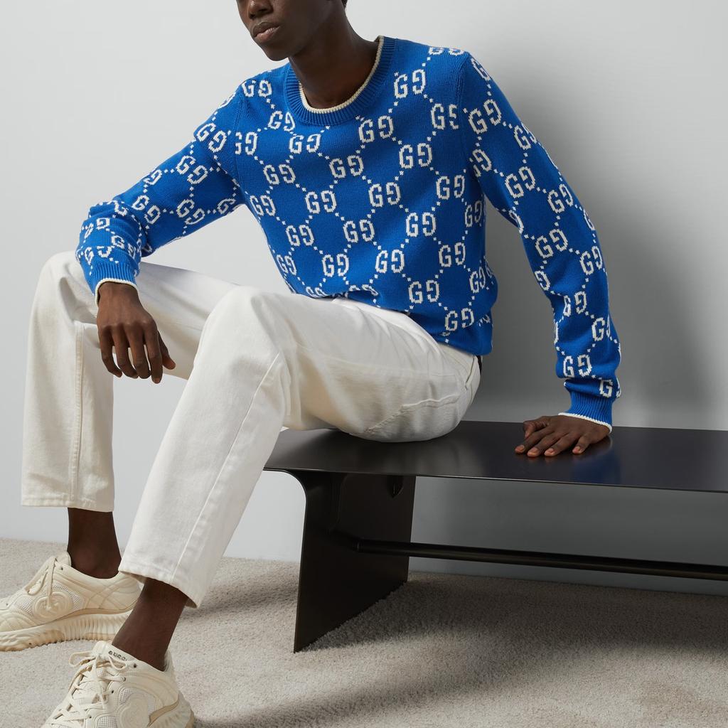 Gucci Jumbo GG Jacquard Crew Neck Sweater 'Blue Ivory' Men's 694767-XKCDF-4559