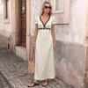 New Retro-style Long Dress with Patchwork of Polka Dots and Lace, Featuring A Deep V-neck and Backless Design.