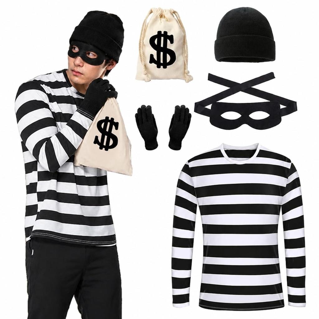 Erwachsenen Gefangenenkostüm Komplettset Dieb Cosplay Schwarz-Weiß Gestreift Strick und Sturmhaube Herren - - 5-teiliges Set Langarmshirt, Mütze,