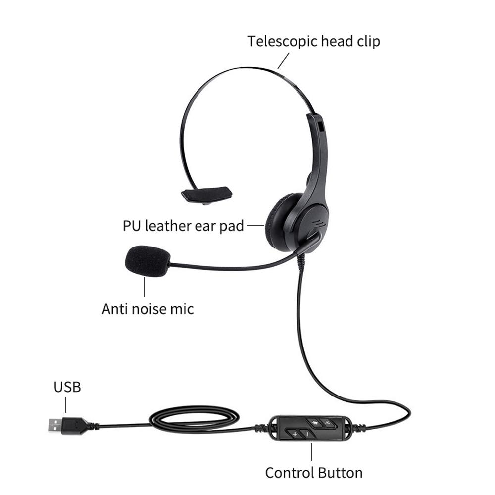

Single Sided USB Corded Headset Call Center Monaural Headphone with Adjustable Microphone Volume Control Button for чёрный