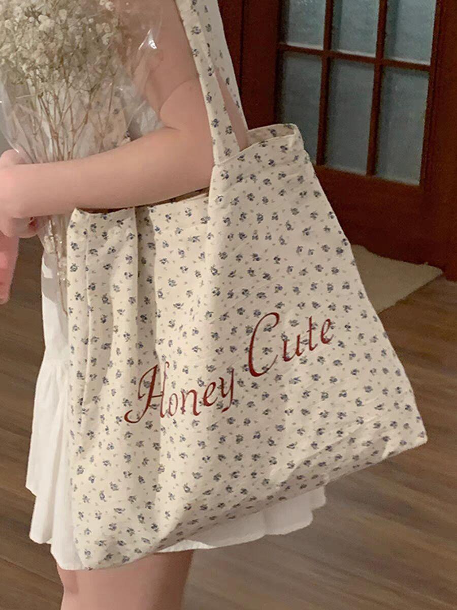 

Холщовая женская сумка с цветочным принтом 2025 новая корейская сумка-тоут с корейской надписью большой вместимости для покупок