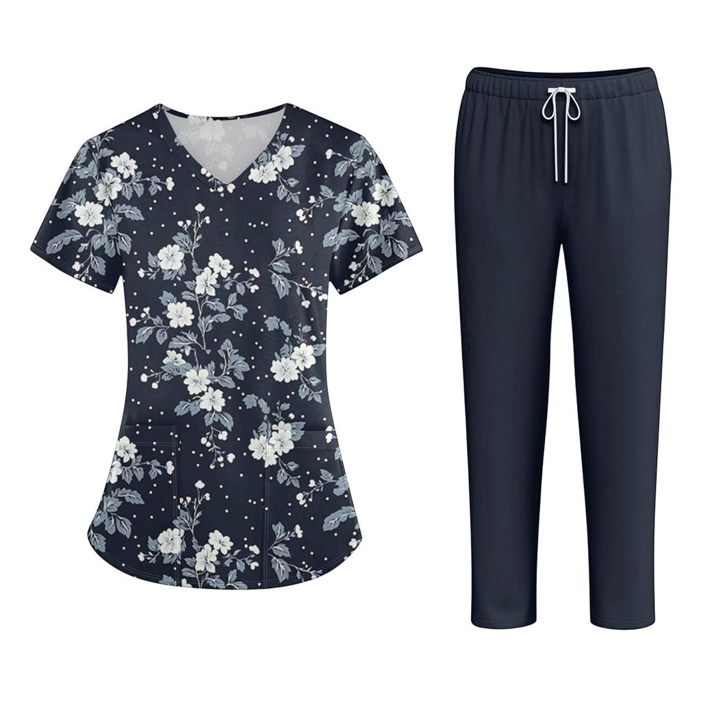 Plus SizePrinted Scrub Working Uniform Tops para mulheres Cross V-neck Halloween Print manga curta camisetas divertidas Workwear Tee com bolsos