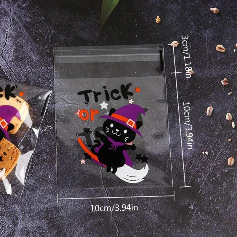 100pcs Halloween Candy Bag Self-adhesive Plastic Treat Bags for Cookie Snack Gift Clear Bags Set for Halloween Party