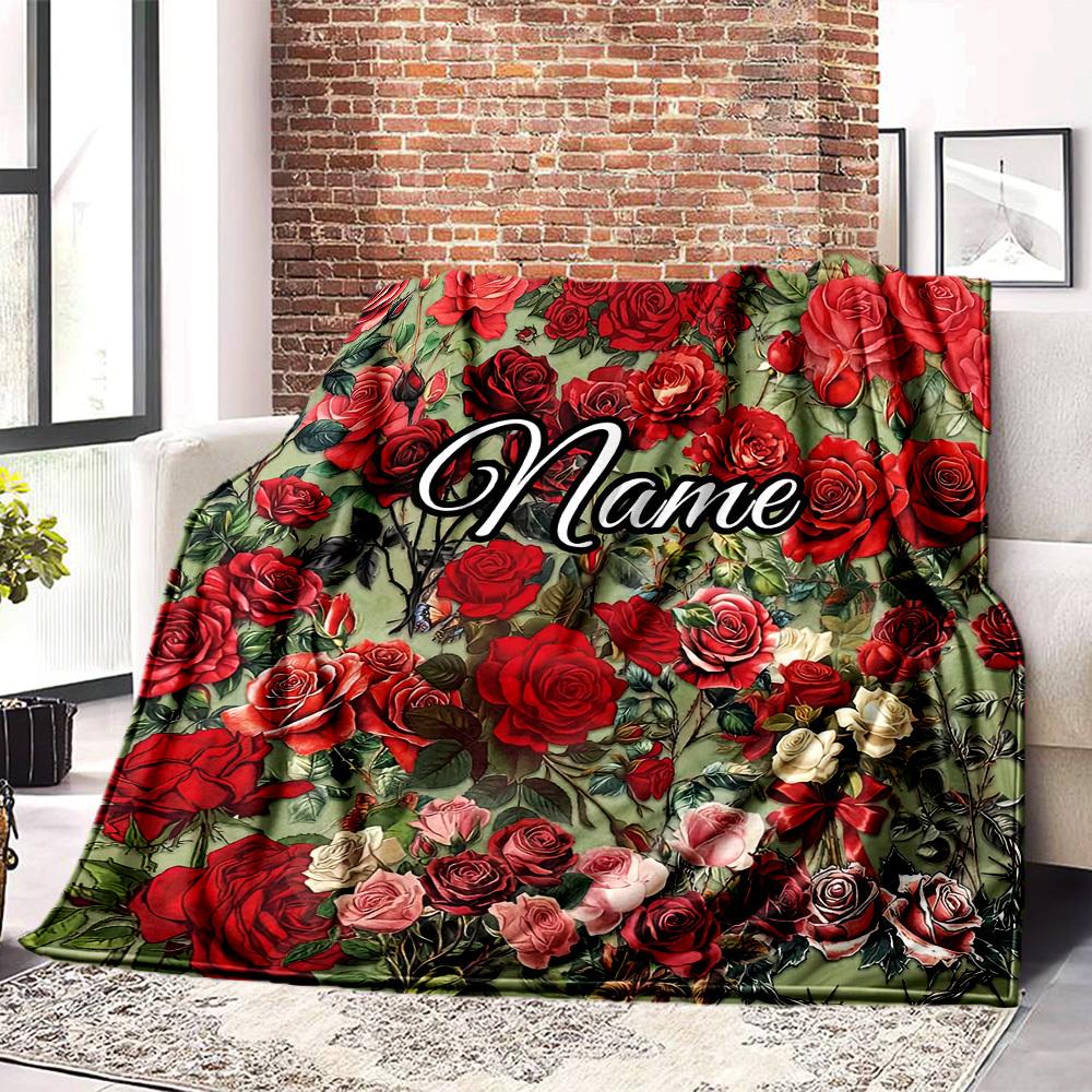 Floral Roses Home Customize Your Name Blankets Comfortable Soft Lightweight Allseason Multipurpose Blanket For Picnics Sofas Offices Beds Living Rooms