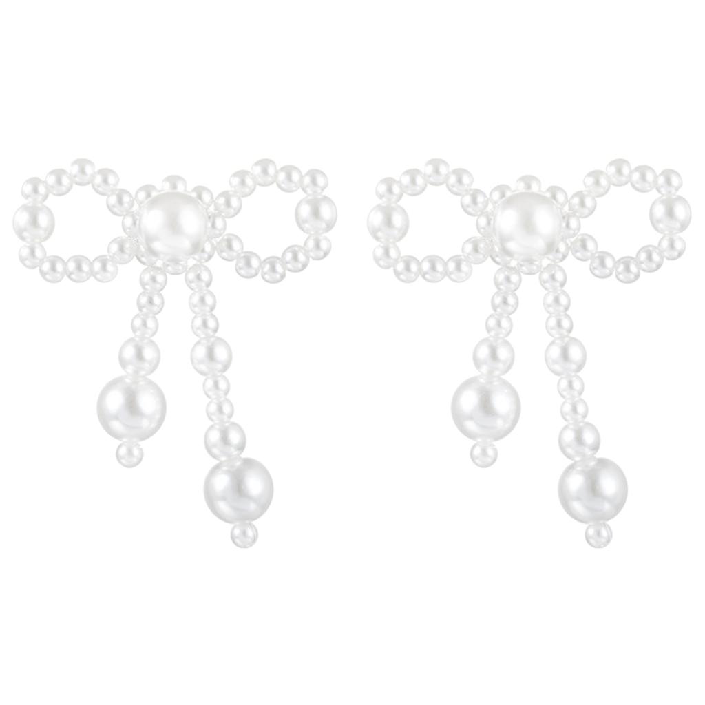 Fashionable Imitation Pearls Ear Clips Exquisite Pearls Beaded Bowknot Dangle Ear Studs for Daily Wear Dates Parties