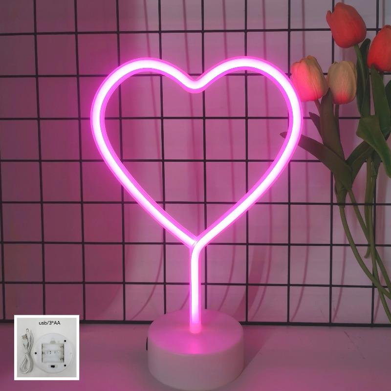 LED Heart-shaped Decorative Light Small Night Light Round Base Neon Light Living Room Bedroom Wedding Proposal Decoration Gift