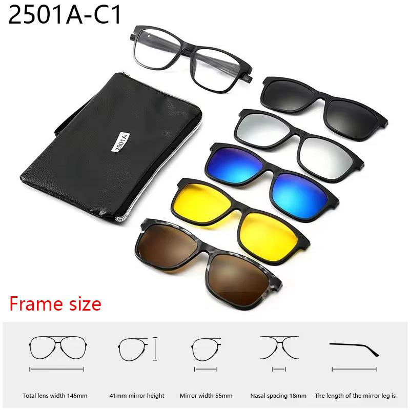 6 In 1 Spectacle Frame With 5 PCS Clip On Black Polarized Sunglasses Magnetic Telescopic Leg Glasses Male Computer Optical