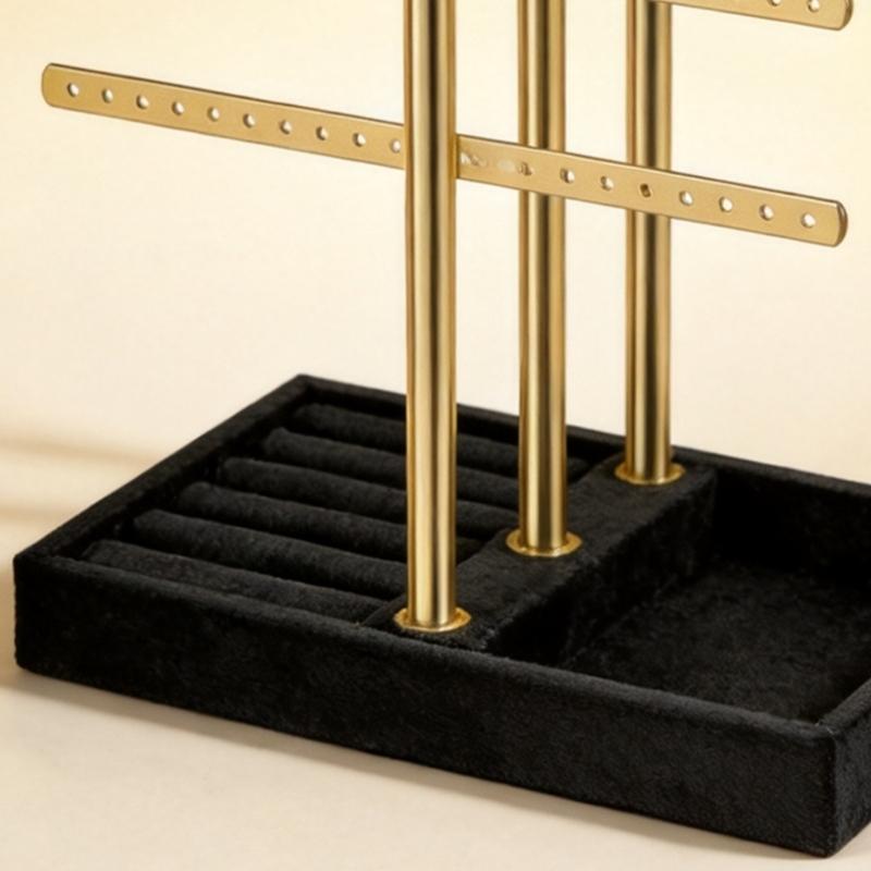 Tabletop Jewelry Display Stand Black Fabric Gold-Tone Holder with Necklace Bracelet Bars, Earring Rails, Ring Tray Base for Vanity Storage