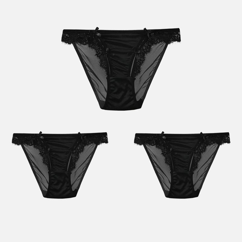 CINOON 3Pcs/Lot Women's Satin Sexy Briefs Lace‑Trim Mesh Spliced Panties Bow‑decor Solid‑Color Hollow‑out Bikini Briefs