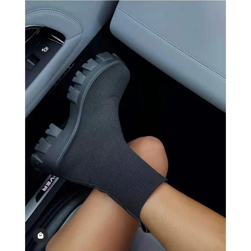 Fashion Autumn New Socks Shoes Woman Stretch Fabric Mid-Calf Casual Platform Boots Net Red Knitted Short Boots Women Plus Size Booties