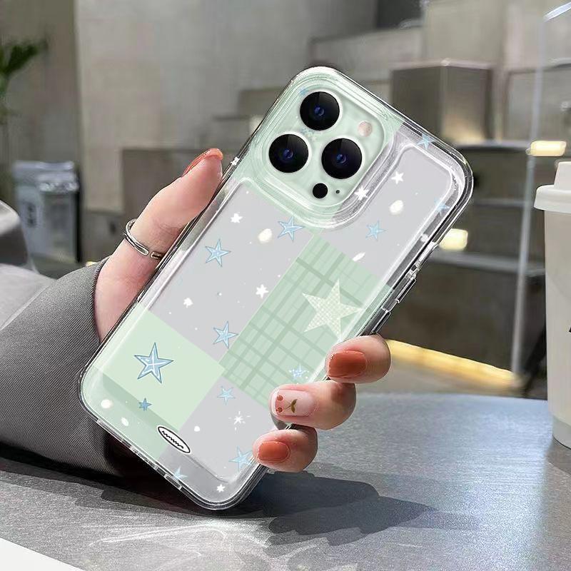 Cute Plaid Star Clear Phone Case for iPhone 17 16 Plus 15 Pro Max 14 Pro 13 12 11 17 Air 16E X XR XS 7 8 Plus Shockproof Cover