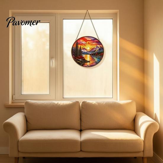 Creative Housewarming Gifts Stained Glass Style Suncatcher, Mountain Sunset Landscape Window Hanging Ornament, Colorful Sunrise Art Decor Sun Catcher