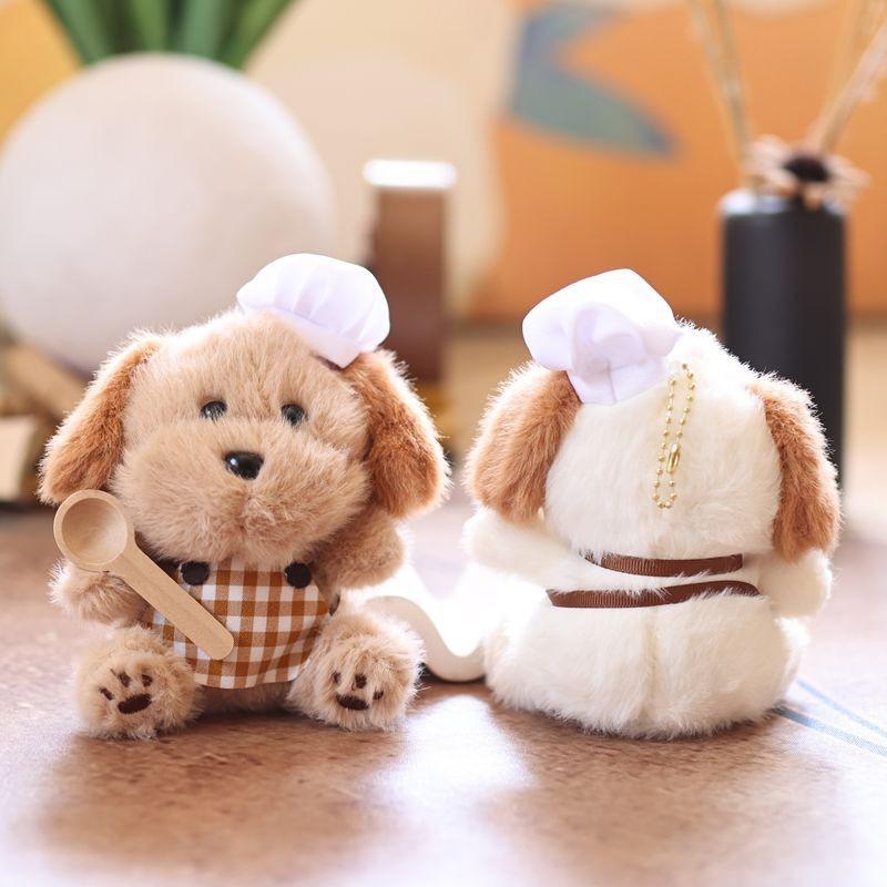 Cute Puppy Cartoon With Chef Hat Spoon Plaid Apron Plush Toy Keychain Pendant