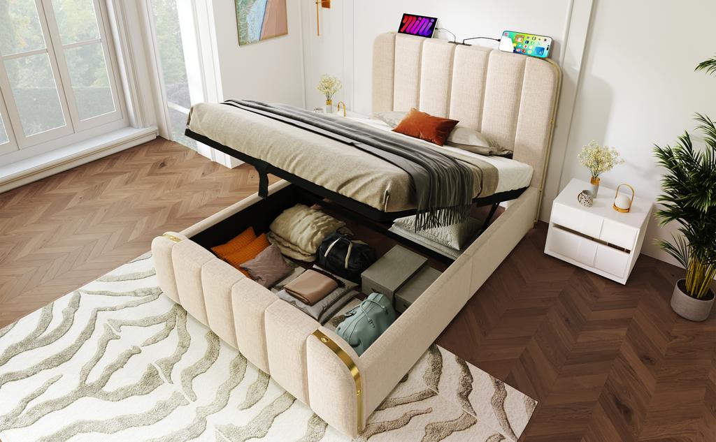 Upholstered Single Bed, Headboard with Golden Stripes and USB Type-C Charging 90*200 cm, Beige Linen Hydraulic Storage Bed (Without Mattress)
