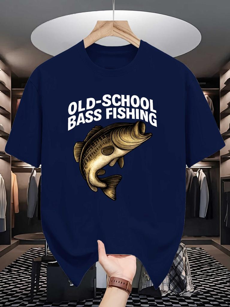 Old School Bass Fishing Print Mens Crew Neck T Shirt Vintage Bass Fish Angling Graphic Short Sleeve Casual Cotton Daily Tops
