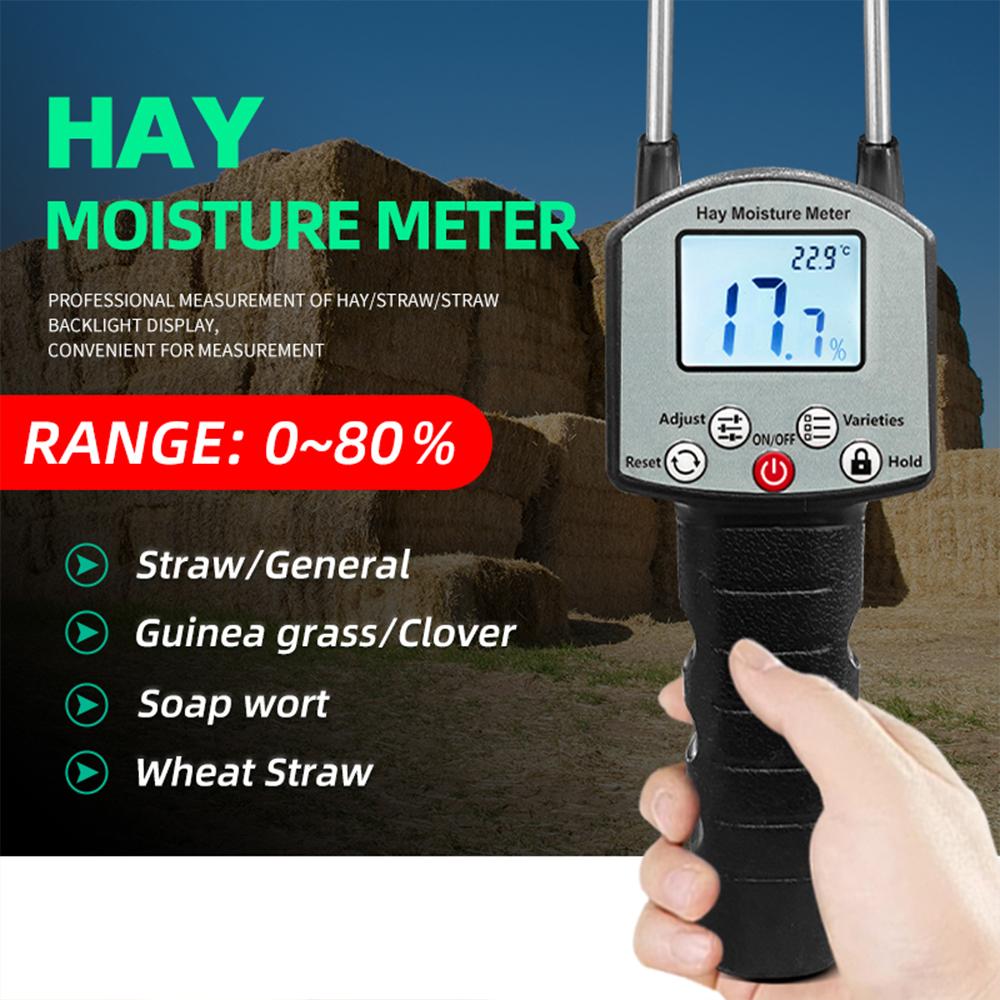 LCD Display Forage Moisture Tester Handheld Hay Moisture Meter Hay Straw Pasture Humidity Tester 0-80% Water Content Detector