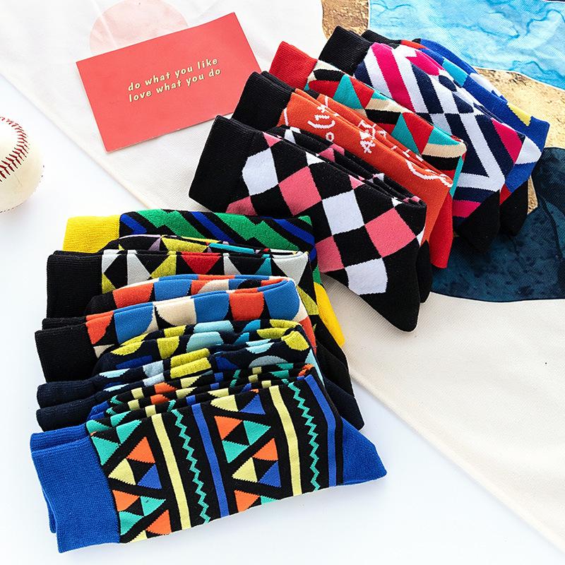 46 Patterns Cotton Fashion Geometry Business Men Happy Socks Unisex Boys Combed Hip Hop Street Skateboard Funny High Sox
