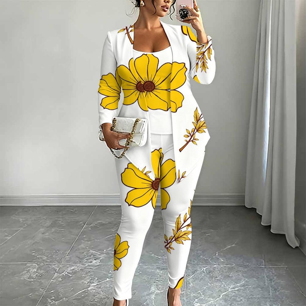 Plus Size Floral Print 3 Piece Outfit, Long Sleeve Open Front Cardigan Cami Top Leggings Set for Women
