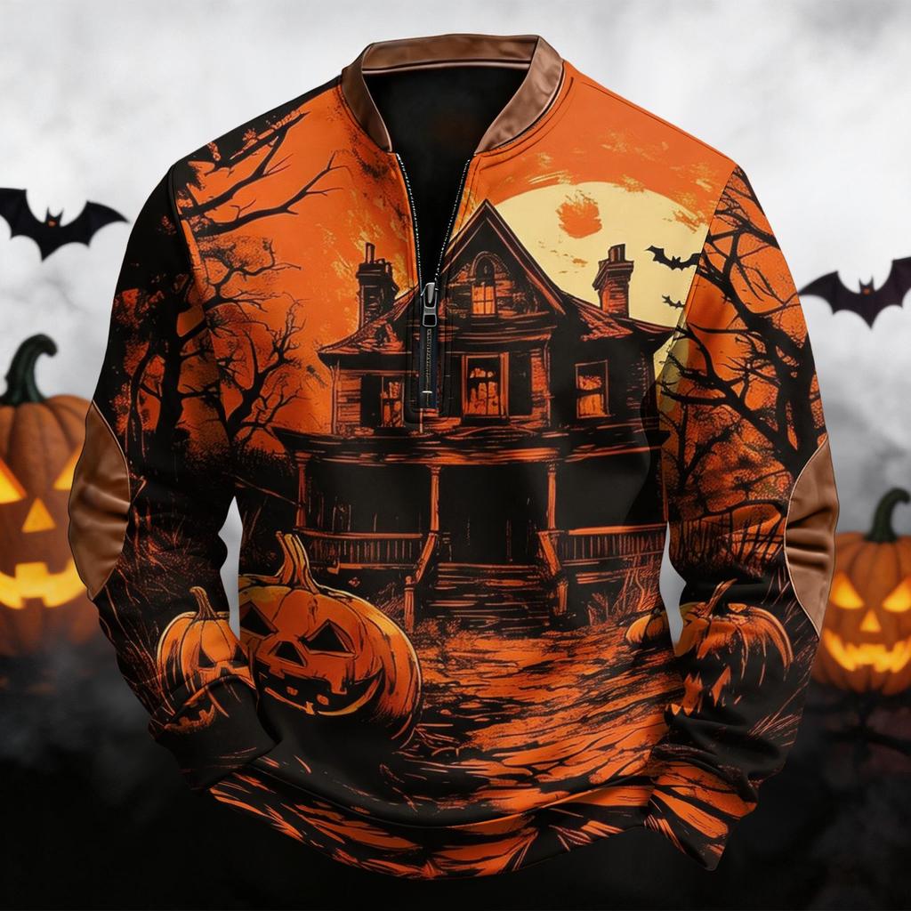 Men's Casual Retro Half Zip Long Sleeve Sweatshirt with Halloween Print