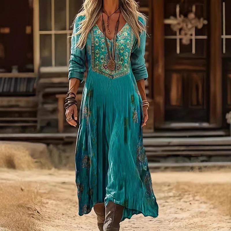 Creative Tie-dye Printing Women's New V-neck Long-sleeved Dress Medium and Long Dress