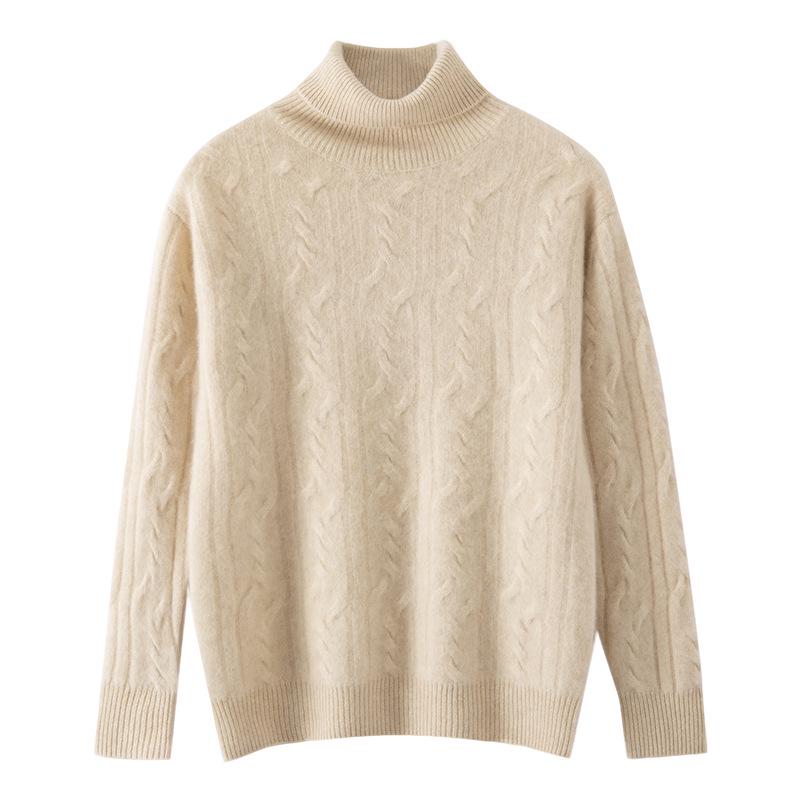 Women's High-Neck Cable Knit Cashmere Sweater: Long-Sleeve, Loose, Versatile Pullover for Autumn/Winter.