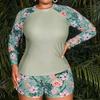 2025 Plus Size European & American Print Bikini with Long Sleeve and Split Short Pants