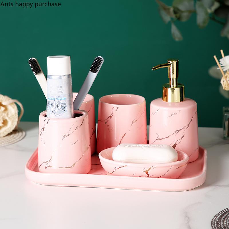 Marbling Ceramic Bathroom 5-piece Set with Tray Mouth Cup Set Bathroom Wash Supplies Lotion Bottle Toothbrush Holder Soap Dish