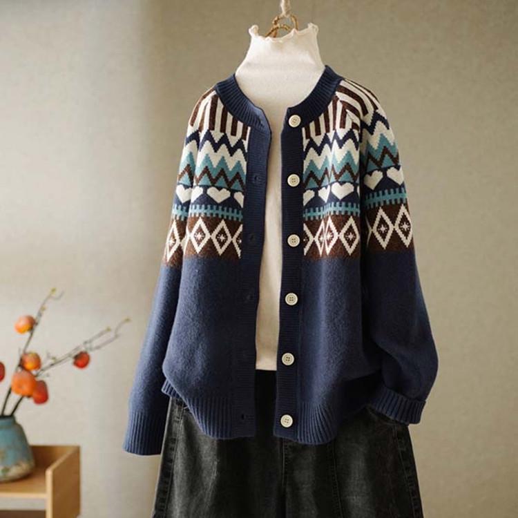 Retro Jacquard Round Neck Knit Cardigan - Women's 2025 Spring/Autumn Loose Ethnic Style Sweater Coat