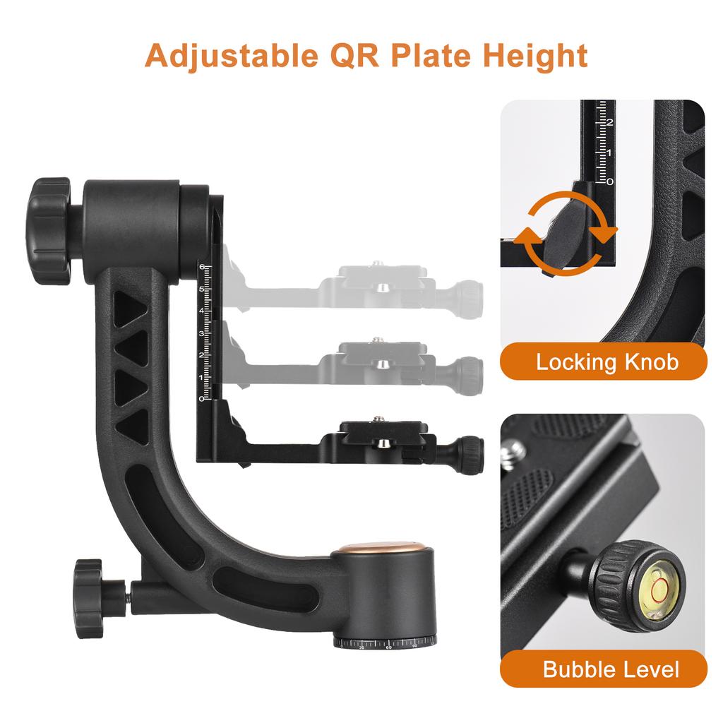 Cabezal de trípode con cardán panorámico de 360 grados, resistente, aleación de aluminio, capacidad de carga de 15kg/33lbs con 1/4 de pulgada