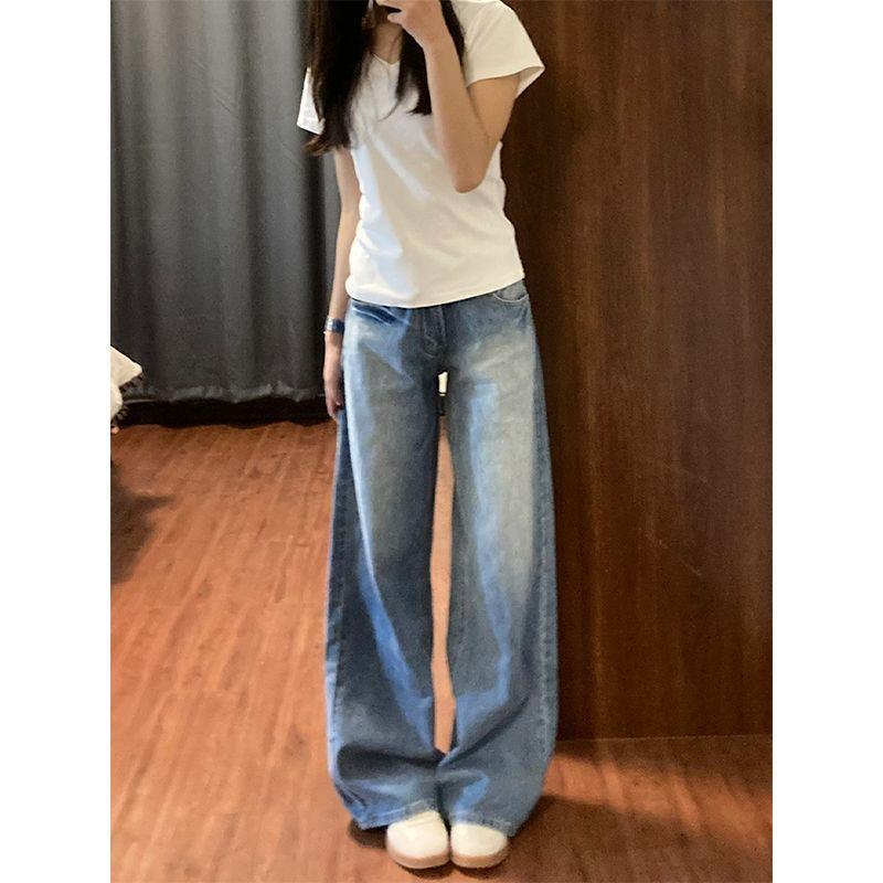 

Small Washed Light Color Wide Leg Denim Female Stylish High Waist Loose Slimming and All-Matching Straight-Leg Trousers Summer Blue pants 156-165 XL