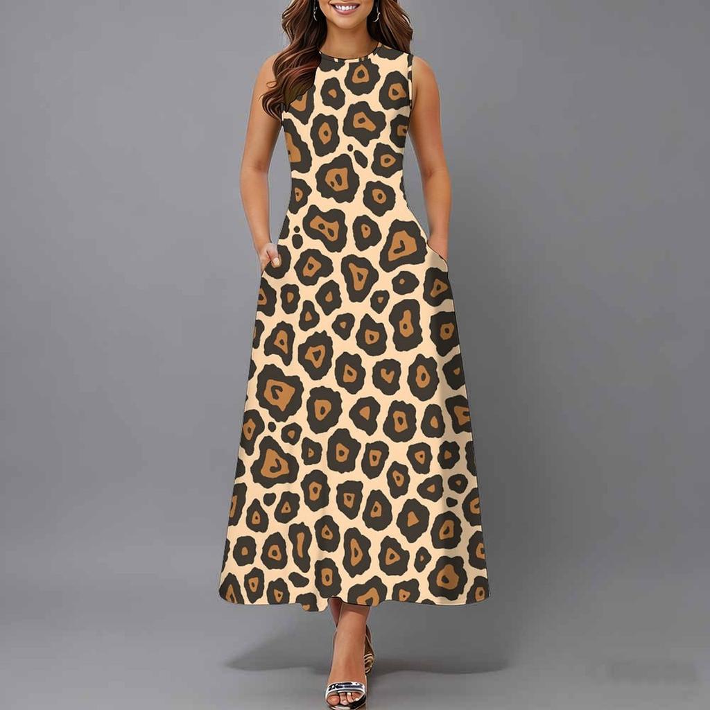 Robe Sans Manches Col Rond Grande Taille pour Femme Vert Frais Feuille Florale Coupe Ample Mi-Mollet