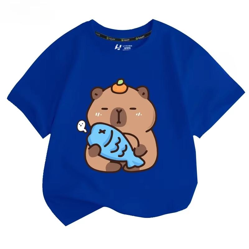 Capibala Cartoon Capybara King Cute Peripheral Short Sleeved T-shirt for Male and Female Students Short Sleeved