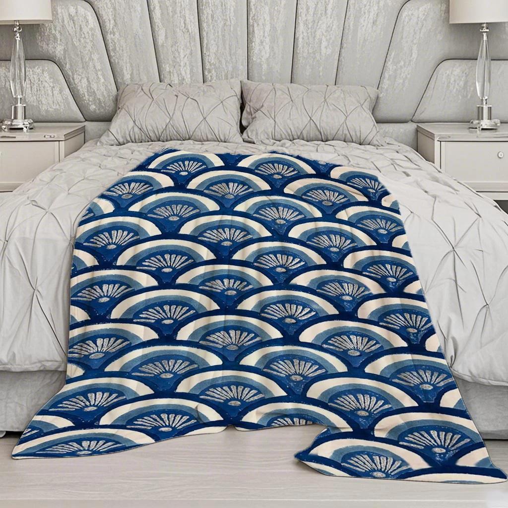 Blue Fan Pattern Microfiber Flannel Cover Blanket Bedroom Living Room Sofa Soft And Comfortable Home Decoration