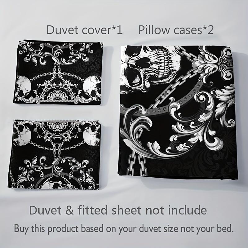 3pcs Black Bedding Set Gothic Style Skull Chain Printed Cozy Soft Duvet Cover King Queen Twin Size Birthday Gift Bedroom Decor