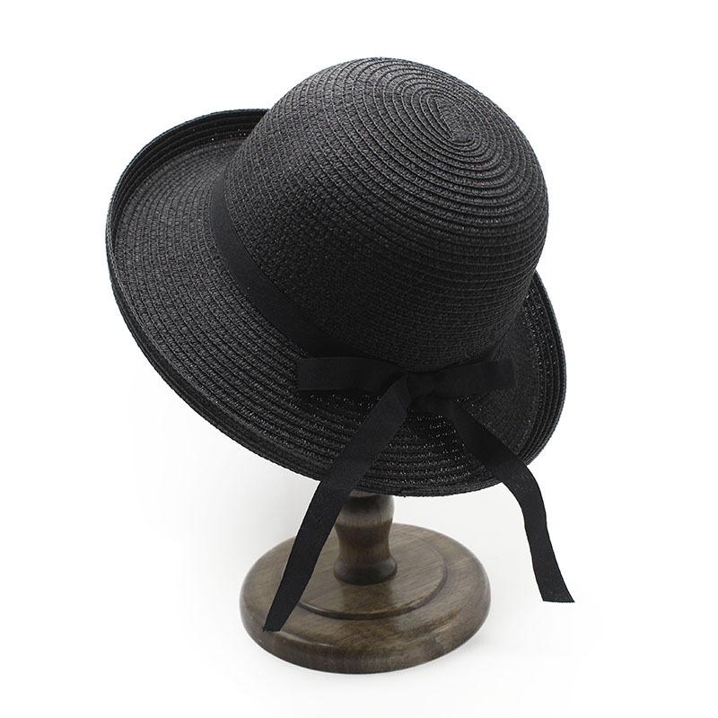 Summer Sunshade Straw Hat Black Silk Belt Bow Rolled Brim Hat Japanese Adult Basin Hat Women'S Sunscreen Folding Sun Hat