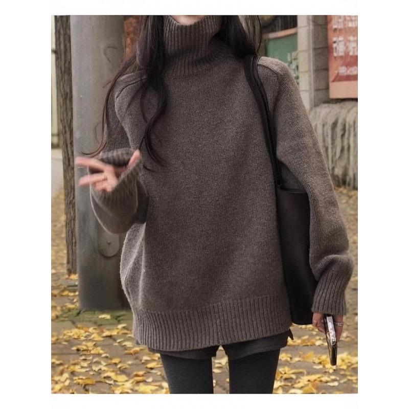 Women's Pure Wool High Neck Sweater, Loose Fit Plus Size, Mid-Length for Autumn/Winter, Covers Buttocks, Cashmere Knitwear