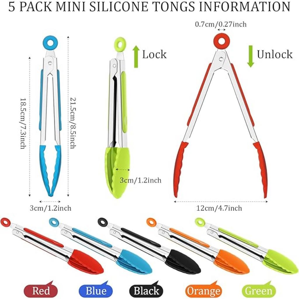 5 Pcs Small Serving Kitchen Tongs with Silicone Tips Mini Silicone Tongs 7 Inch Christmas Party Supplies for Salad, Grilling, Frying and Cooking