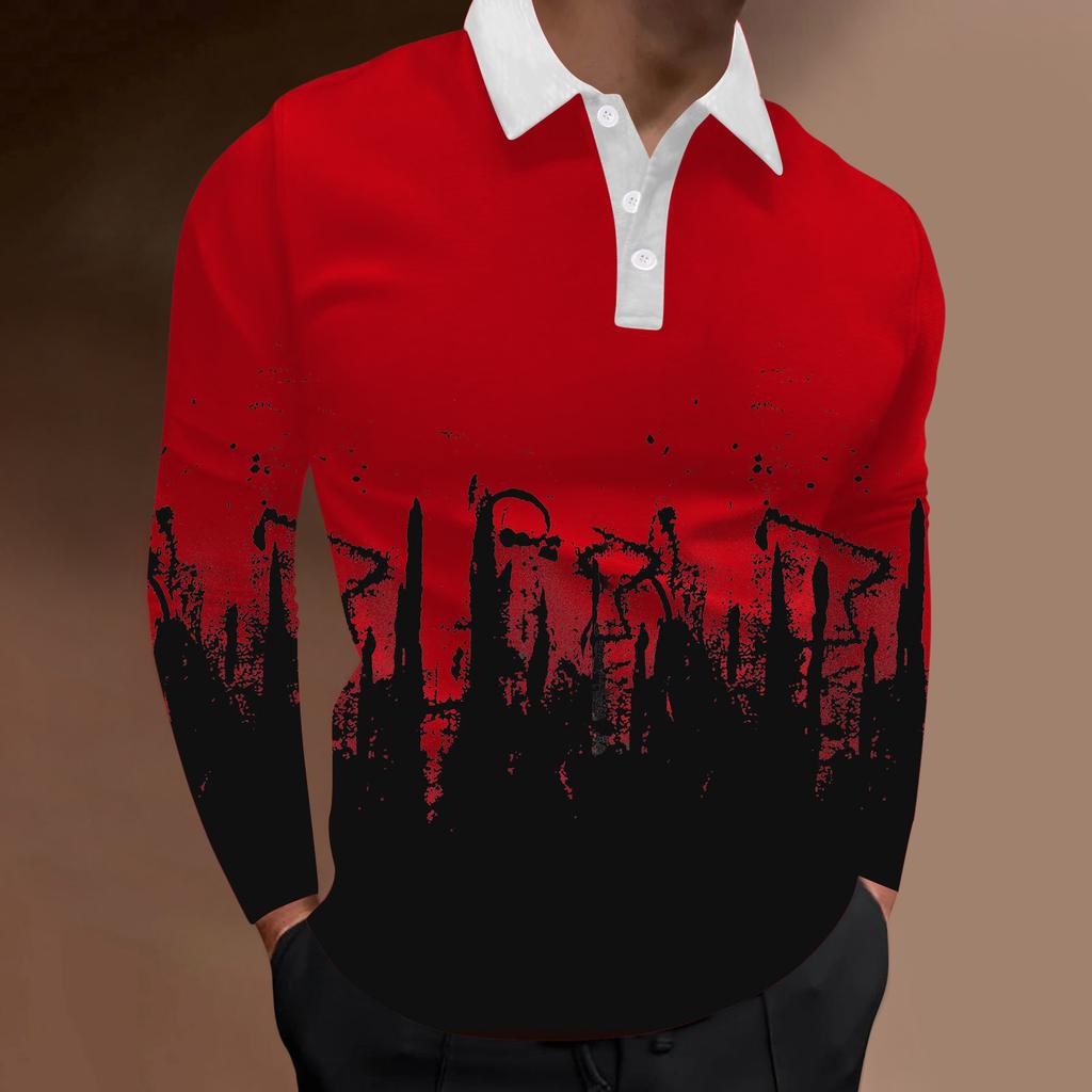 Essential Artistic Drip Pattern Long Sleeve Polo Shirt, Stylish Casual Top