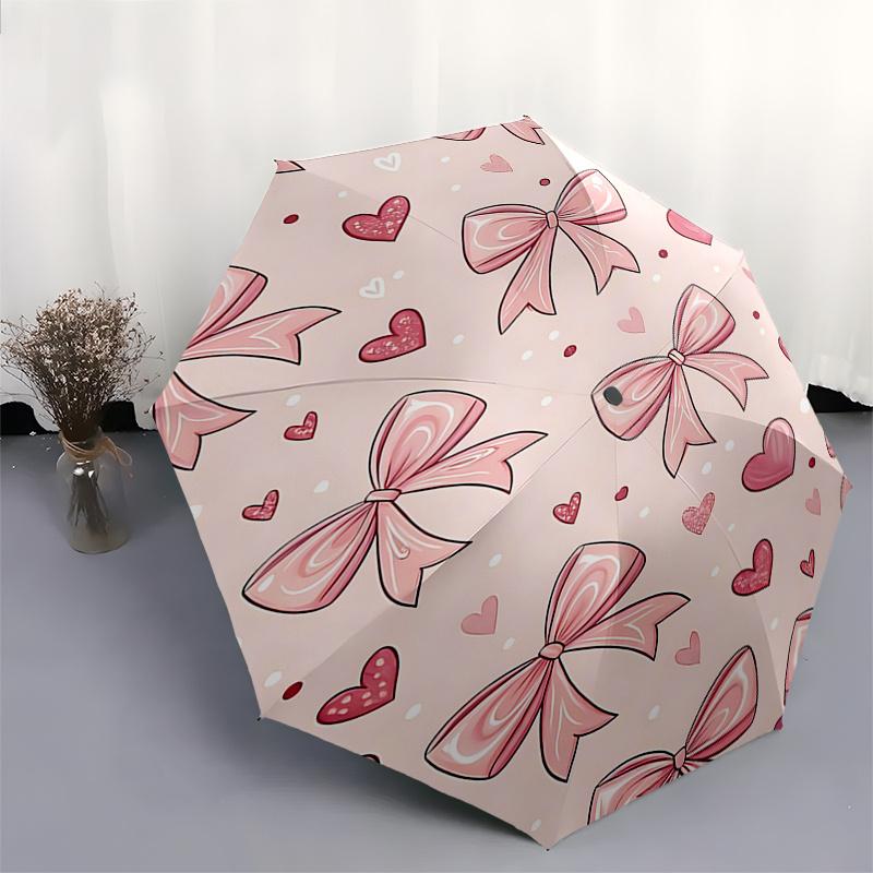 Pink Bow and Heart Patterned Automatic Opening Folding Umbrella with 8 Bone Iron Frame,Suitable for Fans,Travelers,Daily Use,and Festive