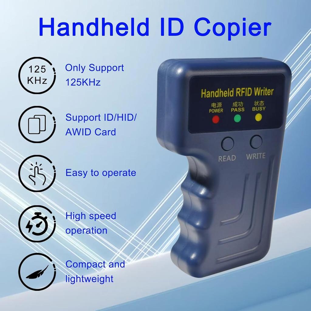 125KHz RFID Copier Handheld ID Card Reader Writer Duplicator Blue Battery Powered RFID Cloner 3 Count Writable Key Fobs Included