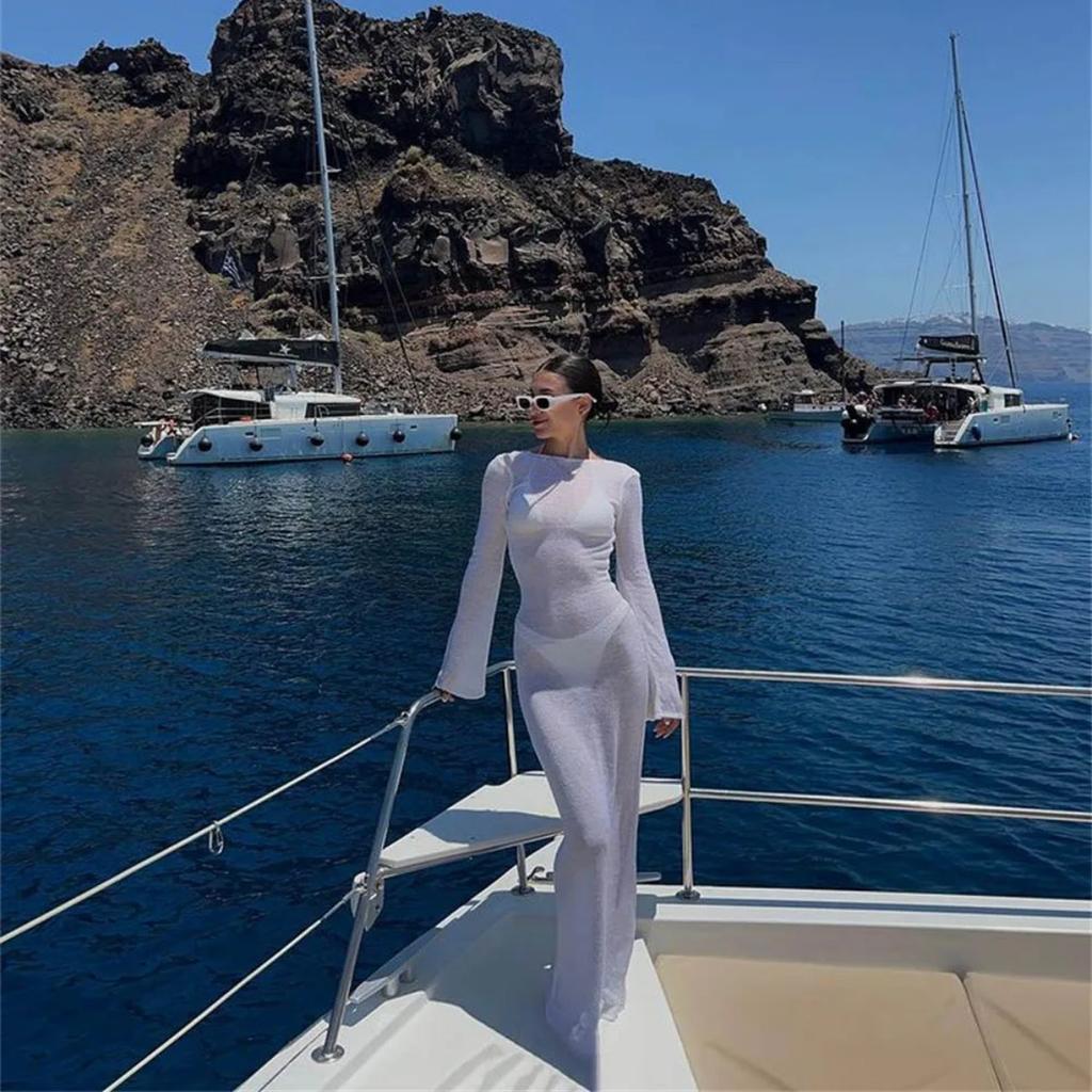 LYRIA Fashion Women Wrapped Dress Long Sleeve Round Neck See Through Sunscreen Solid Color Backless Beach Long Dress Summer Cover Up