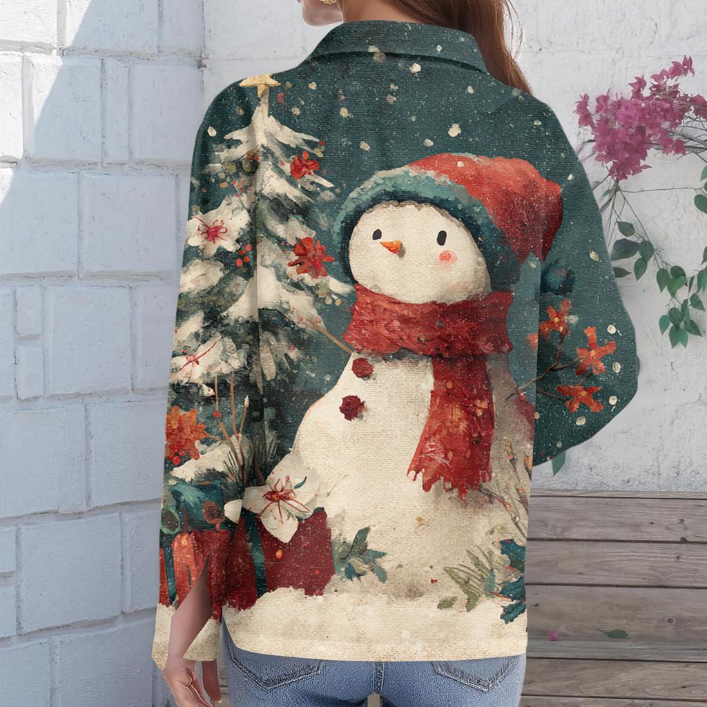 Women's Christmas Printed Button Up Long Sleeved Casual Regular Shirt With Collar Top