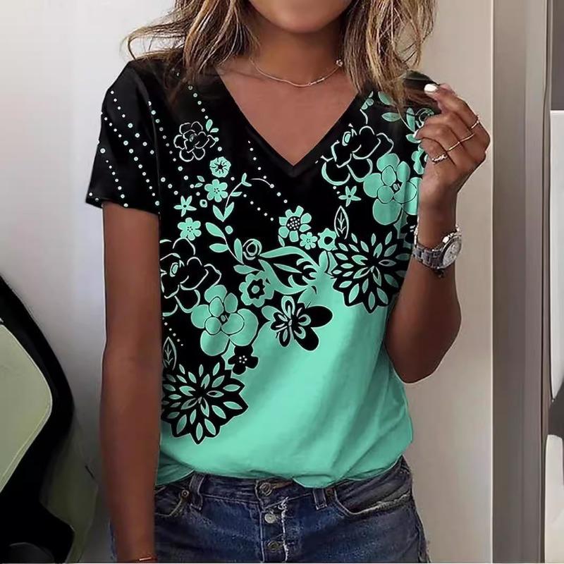 V-neck T-shirt Loose Casual Rose Trend Print Women's Fashion Top Shirt
