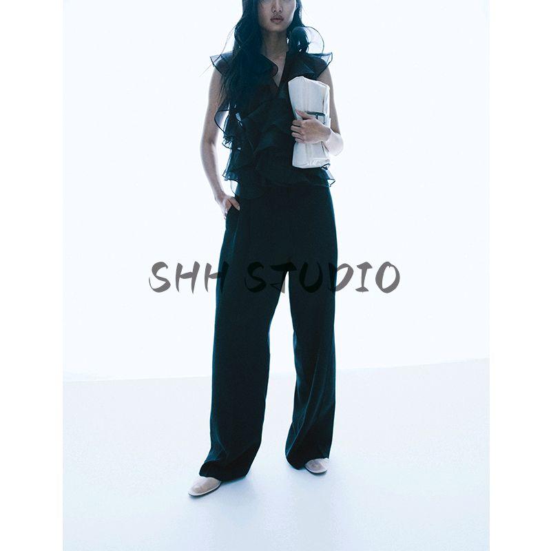 Spring and Summer Women's Clothing Pleated Decoration Loose Design One Button Diagonal Cloth High Waist Wide Leg Pants 1272861