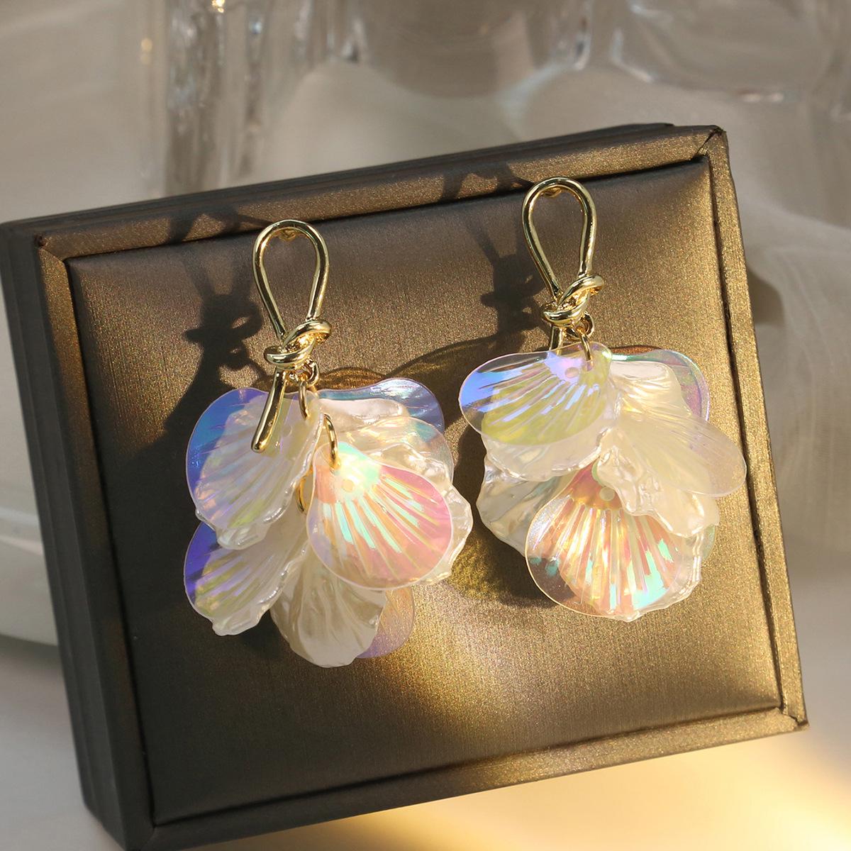 Silver Needle Iridescent Shell Floral Earrings - Versatile Design for Women