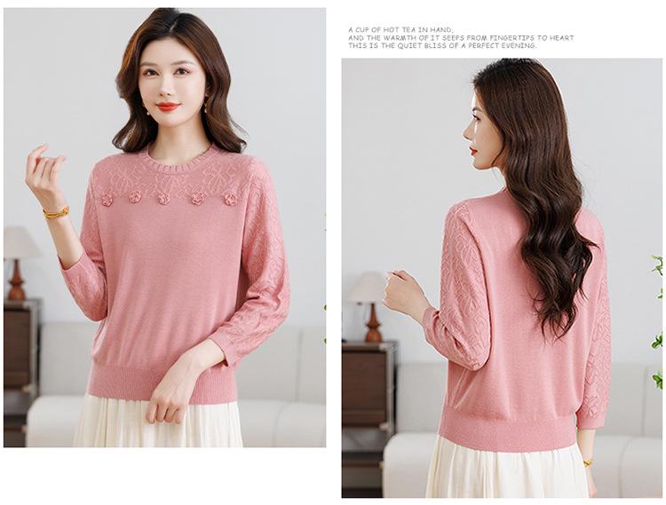 Mom's Spring Wool Sweater: Women's Round Neck Long Sleeve Knitwear - 2026 Fashion Loose, Age-Reducing Thin Top for Spring/Summer