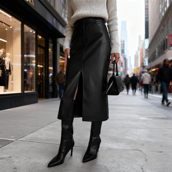 Høst Vinter Retro Skjørt Faux Skinn Høy Midje Skjørt med Sideslisser Ensfarget Vindtett Midi Skjørt